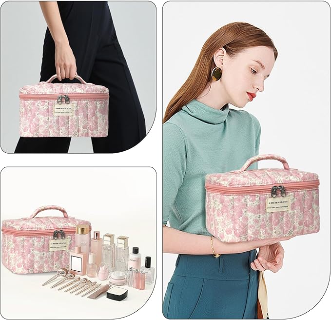 Gosect Large Makeup Bag, Cute Cosmetic Bag for Women Girls, Floral Coquette Aesthetic Toiletry Bag, Travel Make Up Organizer Bag (Crushed Flower)
