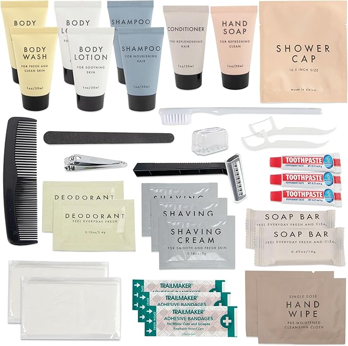 Trail maker (25 Pack) Bulk Hygiene Kits for Homeless Care Package Supplies,Bulk Hygiene Products Travel size, 35 Piece Complete Toiletry Kits Bulk for Men and Women