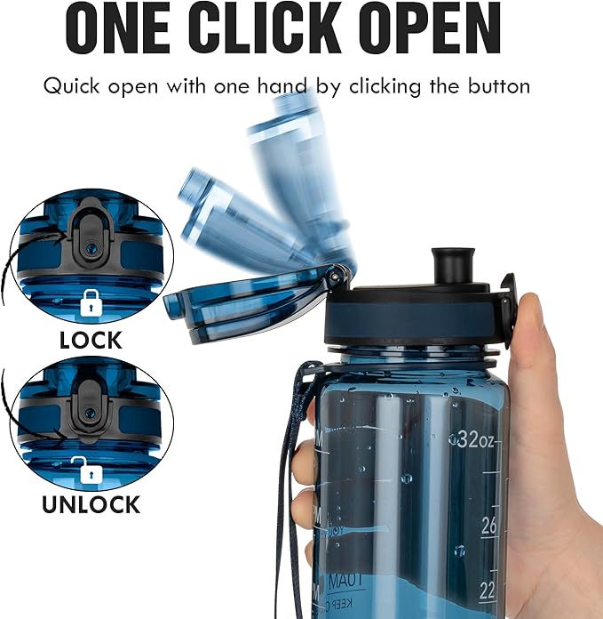 OLDLEY Water Bottle 32oz, Durable and Leakproof Water Bottles Motivational with Time Marker, Tritan, BPA Free, Gym,Travel,Home, School, Office, Gifts for Her, Women Men,Midnight Blue (1 Bottle)