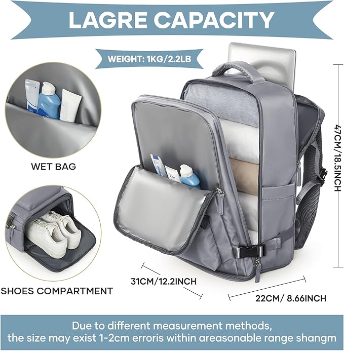 WONHOX Large Travel Backpack Women, Carry On Backpack,Hiking Backpack Waterproof Outdoor Sports Rucksack Casual Daypack with USB Charging Port Shoes Compartment, Grey