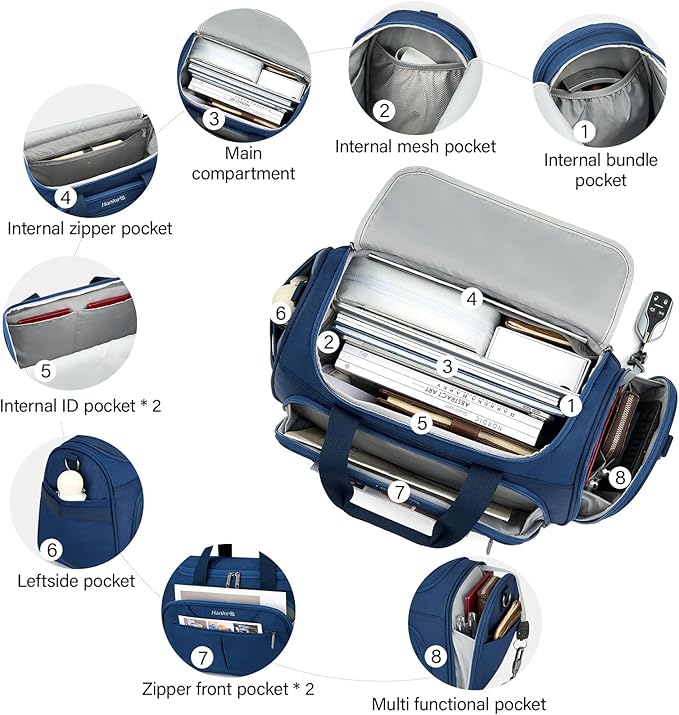 Hanke Small Travel Duffel Bag, Under Seat Carry On Personal Item Bag with 11 Pockets, Lightweight Water Resistant Foldable Weekender Bag with Trolley Sleeve for Travel Gym Daily Use（Blue）