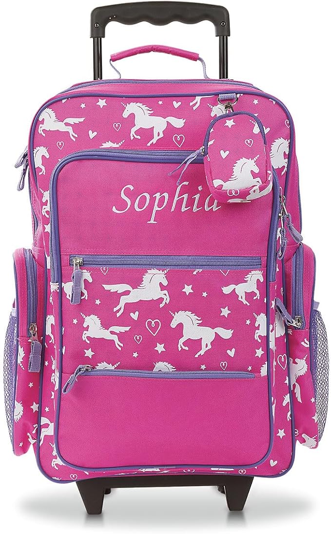 Lillian Vernon Personalized Unicorn Kids Suitcases for Girls, 5-Pocket Rolling Luggage Set, Customizable Travel Carrier on Wheels