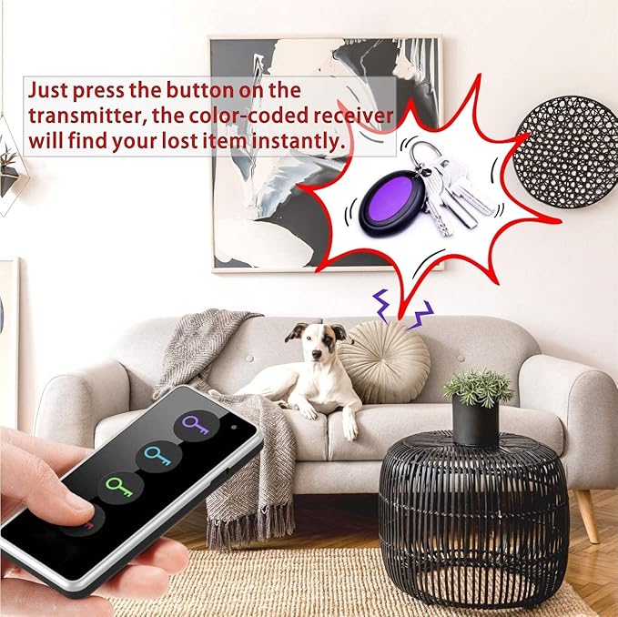 Reyke Key Finder, 80dB+ RF Item Locator Tags with 131ft. Working Range, Wireless Remote Tracker for Wallet, Phone, Glasses, Pet, 1 RF Transmitter & 4 Receivers