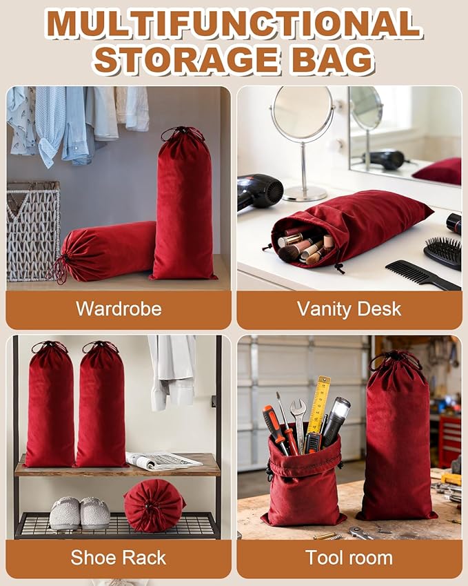 4 Pcs Single Shoe Bags for Travel, 17.3"x8.6" Washable Travel Shoe Bags for Packing in Suitcase, Velvet Dust Bag with Drawstring, Shoe Pouch for Women and Men, Travel and Home Storage (Rio Red)