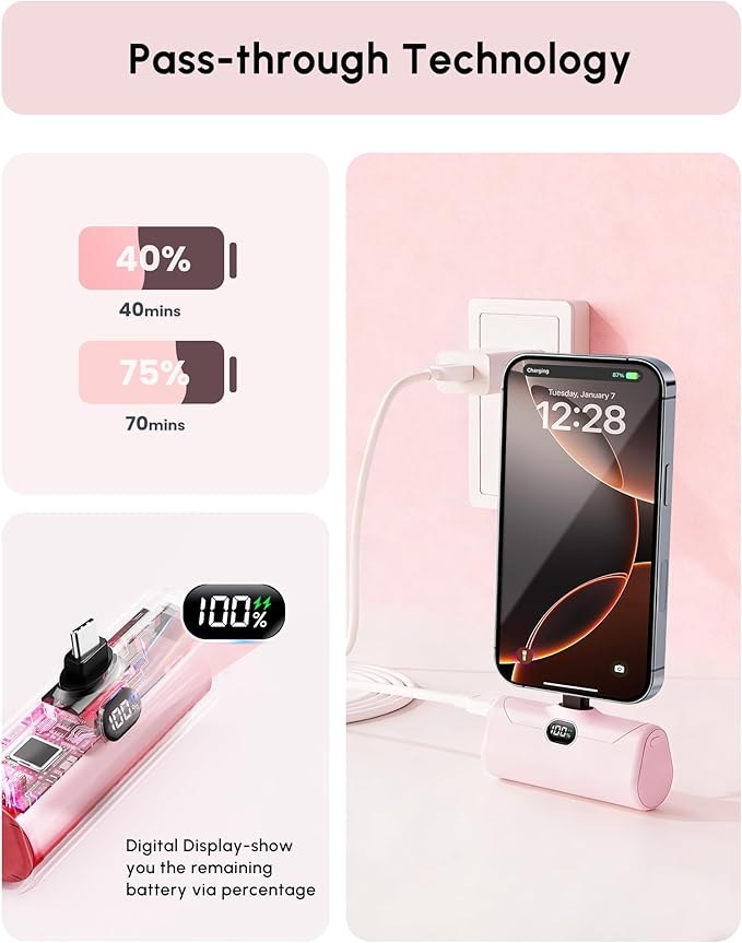 Lightweight Pink USB C Power Bank Portable Charger 5000mah with Kickstand for iPhone 17,Type-c Battery Pack Charger with Digital Display for iPhone 16/Samsung/Android phones, Pinky Gift for Her Phones