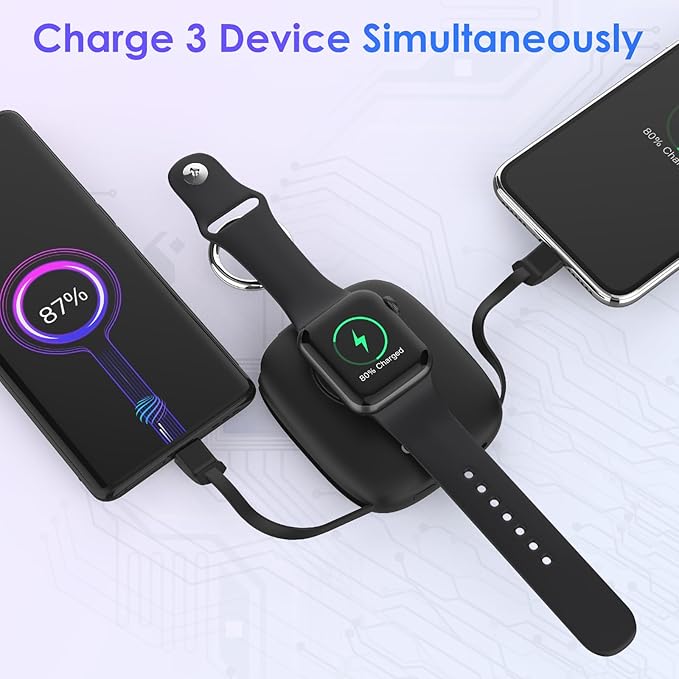Small Portable Charger 5000mAh,iWatch Wireless Charger Mini Power Bank with Built-in Cable,Travel Keychain Charger for Apple Watch 11/10/9/8/Ultra/7/6/Se/5/4,iPhone 17/16/15/14/13/12,Android Phone
