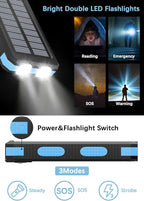 Solar Charger Power Bank - 36800mAh Solar Phone Charger, USB-C QC3.0 Fast Charger with LED Flashlight, IP65 Waterproof Portable Power Bank for Camping, Hiking Outdoor Activities（Blue）