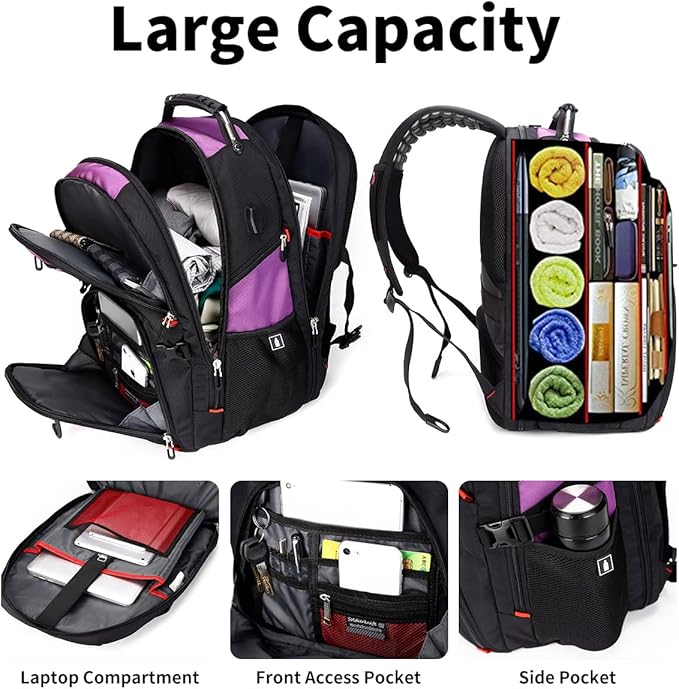 SHRRADOO Extra Large 50L Travel Laptop Backpack with combination lock, College Backpack Airline Approved Business Work Bag Fit 17 Inch Laptops for Men Women,Purple