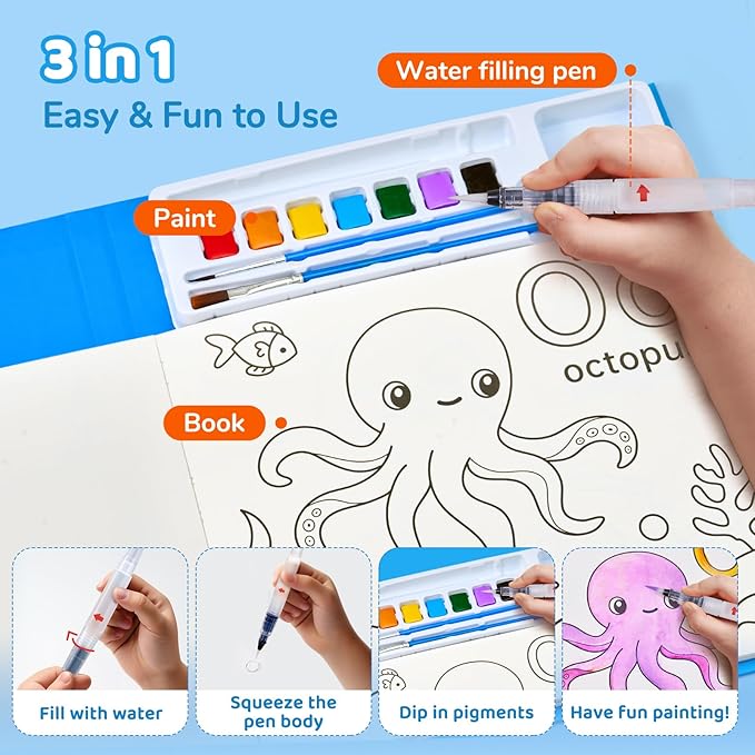JoyCat Paint with Water Coloring Books for Toddlers, Watercolor Painting Sets for Kids Ages 3-5 4-8, Arts and Crafts Drawing Activities Toy Birthday Gifts for Boys Girls (Animal & Alphabet)
