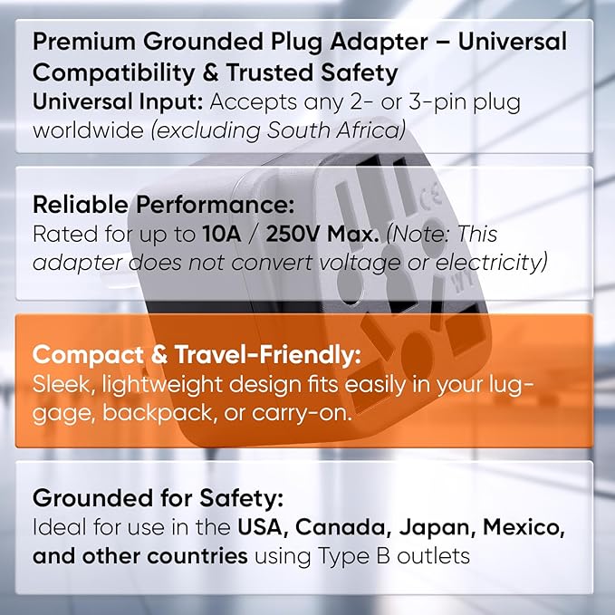 Unidapt US Travel Plug Adapter, EU,AU,UK,NZ,CN to USA (Type B), Grounded 3 Prong USA Wall Plug, EU to US Travel Adaptor Pin Converter, Power Outlet Charger (1-Pack)