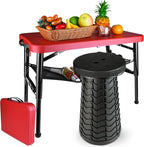 Portable Folding Table and Stool Set, Lightweight Foldable Table & Collapsible Stool for Camping Picnic Beach Fishing, Sturdy Small Outdoor Set with Mesh Layer Storage