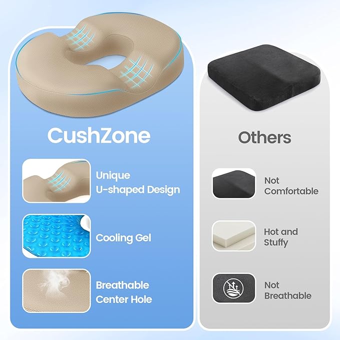Donut Pillow Seat Cushion - Cooling Gel Donut Chair Cushions, Memory Foam Seat Cushion for Office & Home, Car Seat Cushion and Butt Pillow, Hemorrhoids Pillow and Tailbone Pain Relief, Khaki