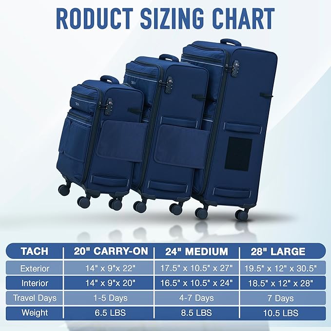 TACH LITE Samba Soft Connectable 2 Piece Luggage Sets - 20 & 28 inch Luggage | Small Carry On & Large Checked Suitcases Patented Built-In Connecting System | Rolling Suitcase Links 6 Bags (Navy Blue)