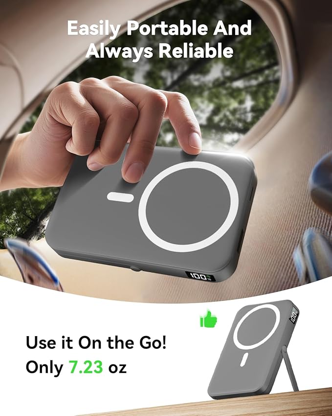 for Magsafe Portable Charger 10000mAh Magnetic Portable Charger with Type-C Cable 20W PD Fast Charging,Foldable Stand,Dual Type-C & USB-A Outputs,LED Display–Space Gray