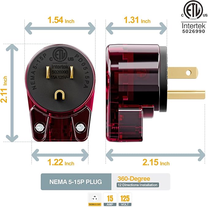 (3PACK) ETL Listed 90 Degree USA Canada Male Plug Nema 5-15P 3 Pole Angle DIY Plug, 15A 125V USA 3Pin Right Angle, Nema 5-15P Angled Rewireable,Red Color