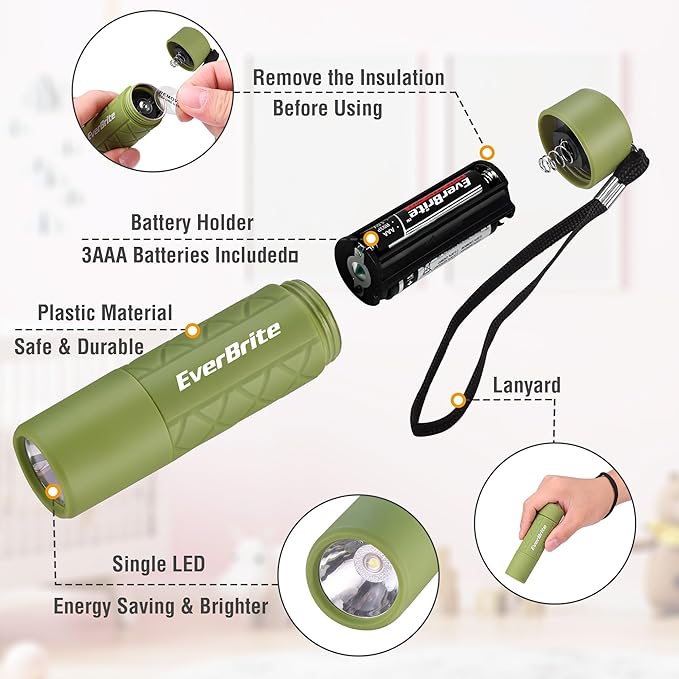 EverBrite Mini Flashlight 3-Pack, Small Flash Lights 9 AAA Batteries Included, Pink/Green/Blue LED Flashlights with Lanyard for Camping/Emergencies