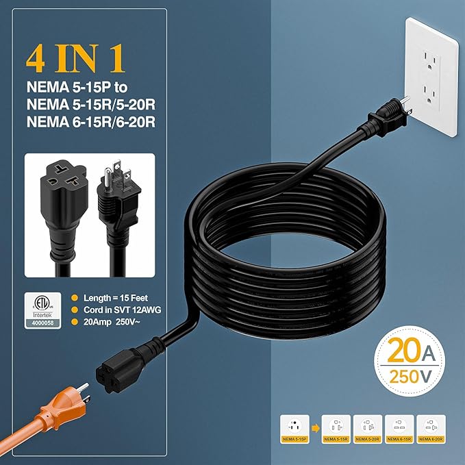 15FT NEMA 5-15P to 5-15R/ 5-20R/ 6-15R/ 6-20R AC Adapter, Plugrand 12AWG 15 Amp Household AC Plug to 20 Amp T Blade Adapter Cable, 15A 125V to 20A 250V Extension Cable, 15FT, Black