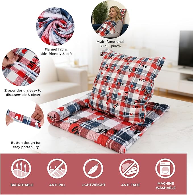 3 in 1 Travel Pillow Blanket Set with Removable Flannel Blanket Throw,Hand Warmer Pockets,Pillow (Color2, 60in*79in)
