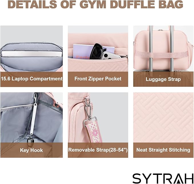 SYTRAH Gym Bag for Women, Lightweight Workout Duffle Bag with Shoe & Wet Separation for Gym, Yoga, Travel & Overnight, Stylish Sports Bag with Adjustable Shoulder Strap Pink