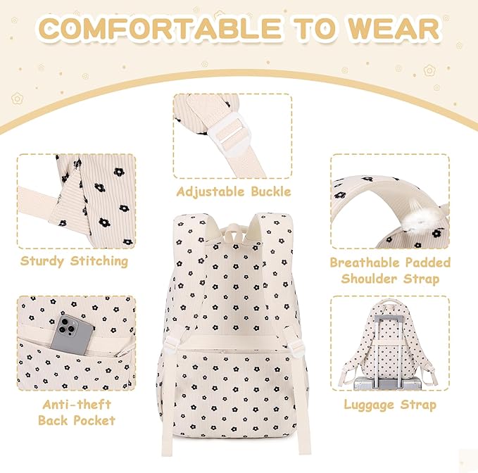 PIG PIG GIRL Corduroy Backpack Kids Backpack for Girls School Bags for Middle School Students Book Bag for Elementary Primary Kawaii Ita Backpack, Flower