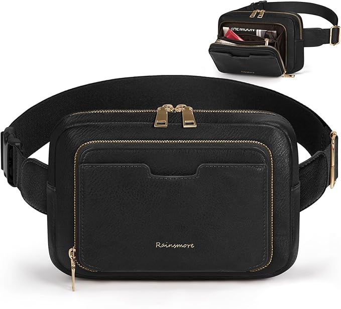 RAINSMORE Fanny Packs for Women, Leather Belt Bag Waterproof Everywhere Crossbody Waist Pack with Adjustable Strap Retro Sling Chest Bag for Work Running Travel Party, Black