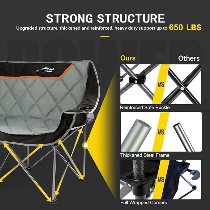 FAIR WIND Oversized 3 Person Camping Chair Padded Triple Loveseat Folding Camping Couch Duo Chair Heavy Duty Quad Fold Arm Chair with Cup Hold - Supports 900 LBS Black