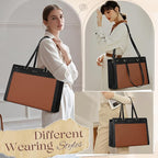 RAINSMORE Laptop Bag for Women 15.6 Inch PU Vegan Leather Work Tote Bag Waterproof Womens Briefcase Designer Computer Bags for Office Teacher College Travel Large Tote Purse Professional Black & Brown