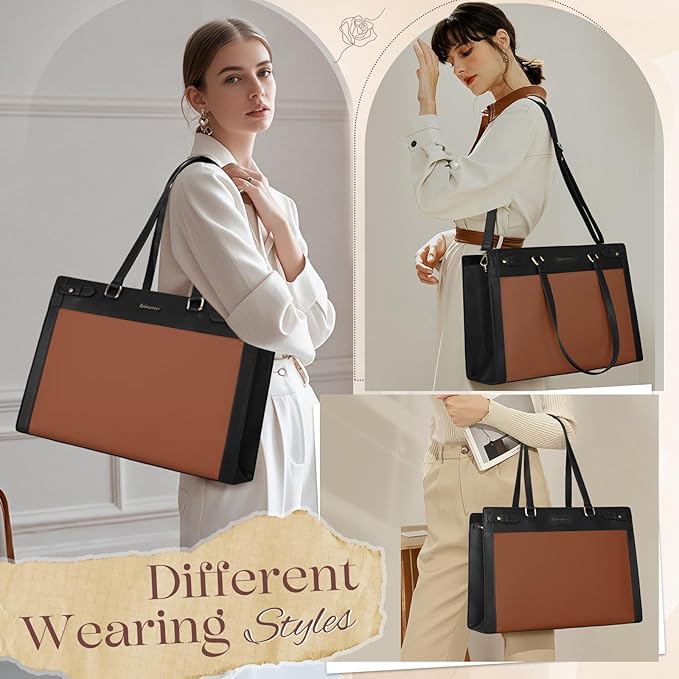 RAINSMORE Laptop Bag for Women 15.6 Inch PU Vegan Leather Work Tote Bag Waterproof Womens Briefcase Designer Computer Bags for Office Teacher College Travel Large Tote Purse Professional Black & Brown