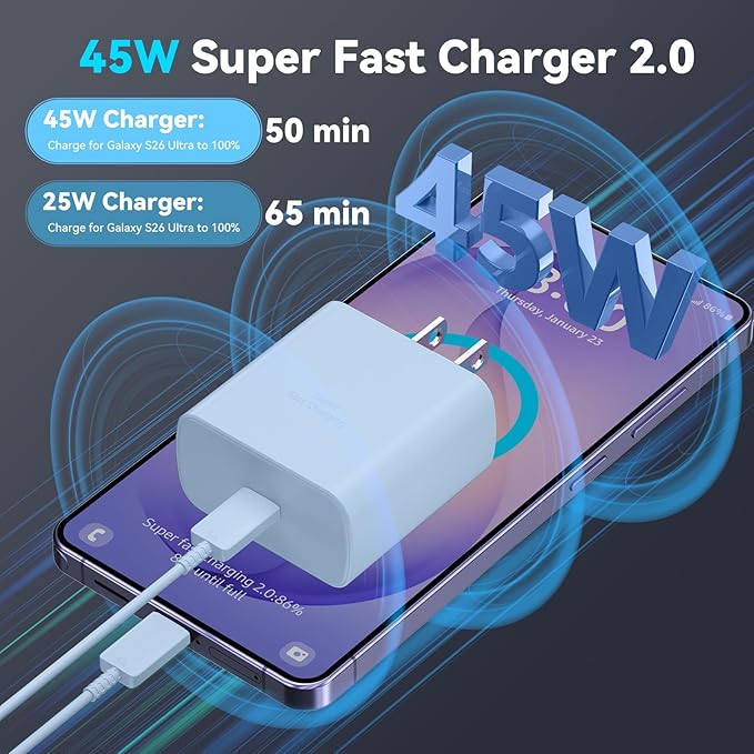 45W Super Fast Charger USB Type C Charger Cord 6.6FT with Android Phone Charger Fast Charging Block for Samsung Galaxy S26/S26 Ultra/S26+/S25/S25 Ultra/S25+/S24/S23/S22/S20/S21/Note 20/Note 10, Blue