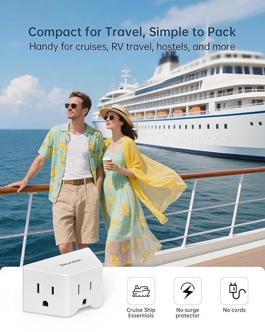 BEONDON 3-Pack Outlet Splitter, Small Outlet Extender, 3 Way Angled Wall Plug Extender, Cruise Ship Essentials, 3 Prong Grounded Plug Adapter for House, Hotel, Dorm, Hostel