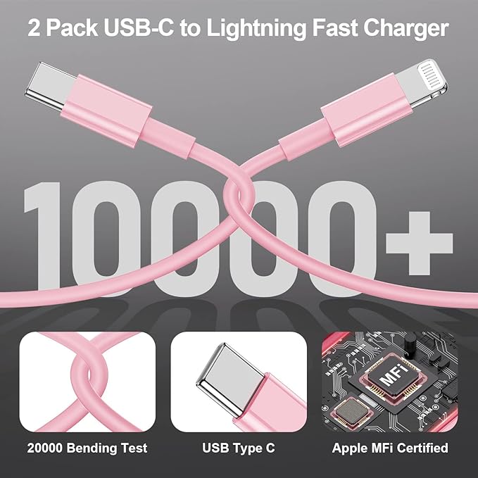 2Pack for Apple iPhone14 pro max Fast Charger Cable Pink 6ft [Apple MFi Certified], USB Type C to Lightning Cable 6 Foot Apple iPhone Charging Cord for Apple iPhone 14 /iPhone13/iPhone12 Pro