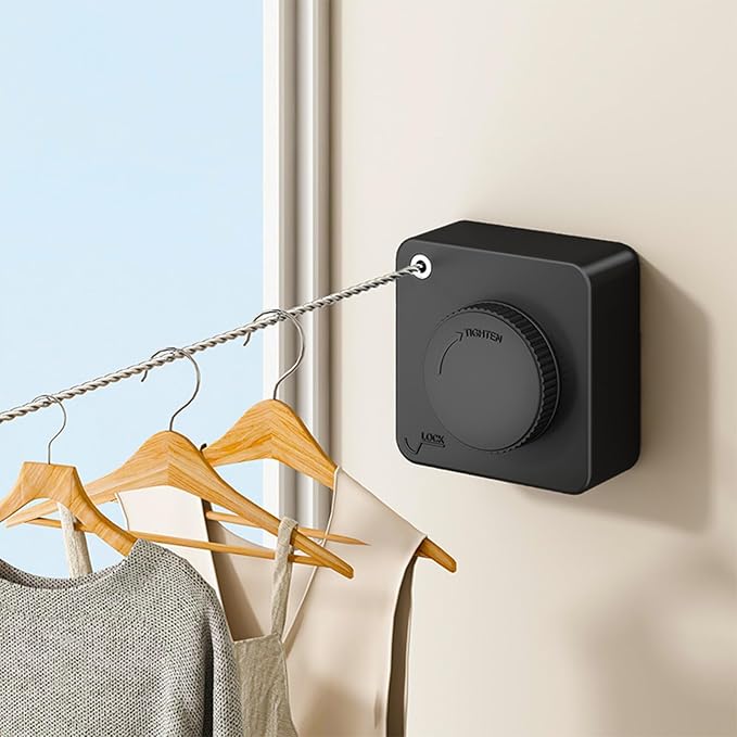 2 Pack Retractable Clothesline Indoor & Outdoor, 16.2 Ft Non-Sagging Stainless Steel Laundry Washing Line with Wall Mounted Heavy Duty Design, Space-Saving Clothing Drying Rack (Black)