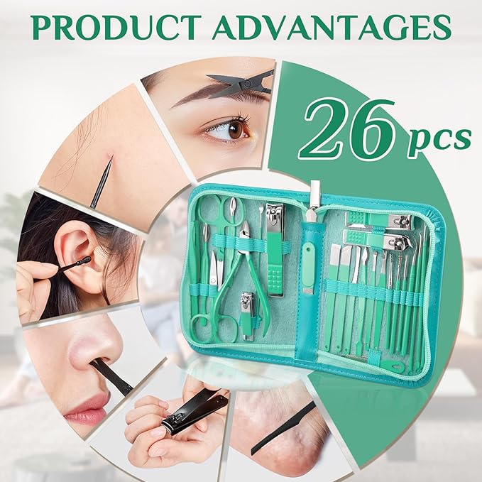 MINKINH Travel Manicure Set 26-Piece, Portable Nail Clippers Kit with PU Case, Carbon Steel Clippers, 410 Stainless Steel Grooming Tools, Hand Foot Facial Care for Luggage Backpack（Green）