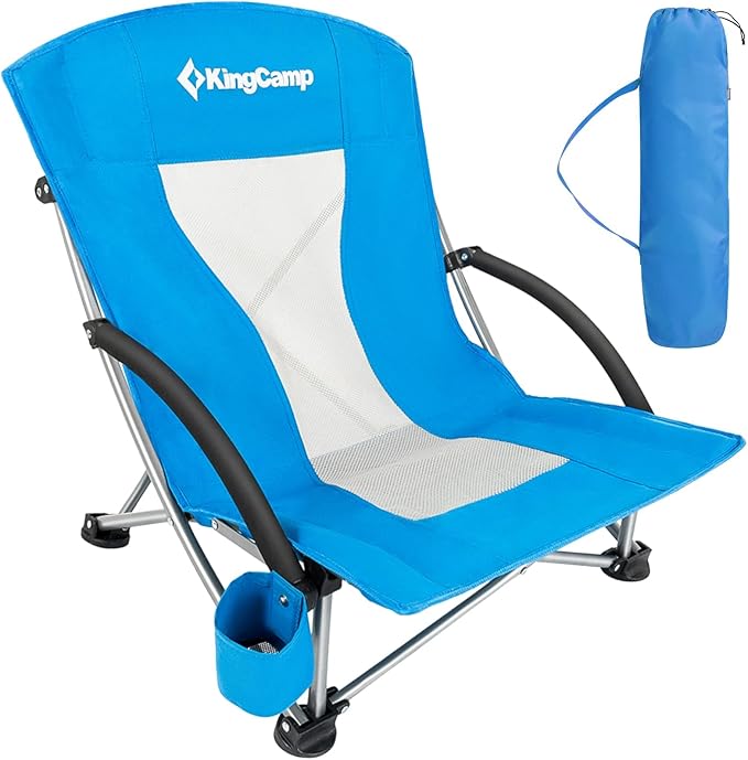 KingCamp Low Beach Chair, High Back Folding Camping Chair for Adults, Oversized Breathable Mesh Seat, 300lbs Heavy Duty Portable Chair with Cup Holder & Storage Pockets for Beach, Outdoor