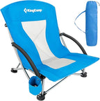 KingCamp Low Beach Chair, High Back Folding Camping Chair for Adults, Oversized Breathable Mesh Seat, 300lbs Heavy Duty Portable Chair with Cup Holder & Storage Pockets for Beach, Outdoor