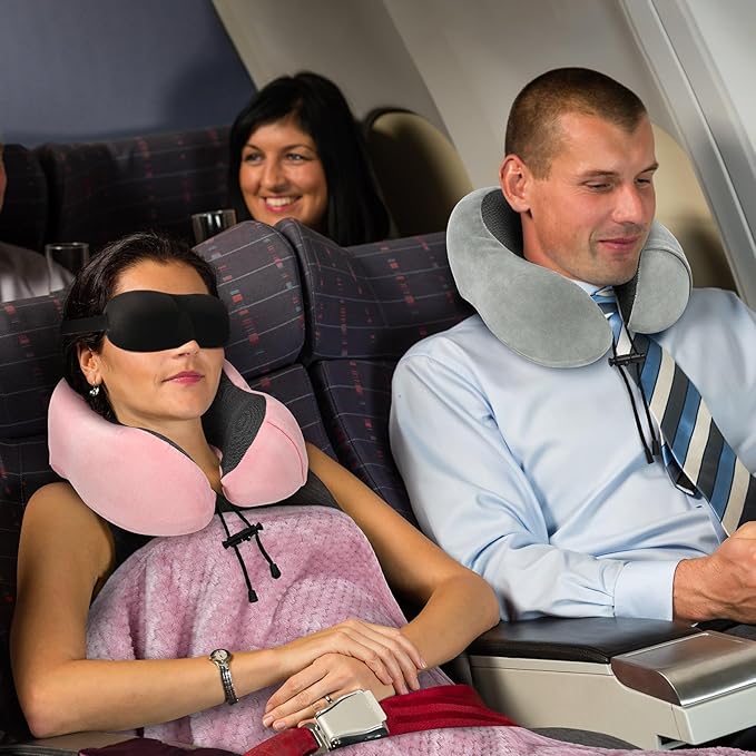 urnexttour Travel Pillow and Blanket Set Neck Pillows Soft Blankets with Sleep Mask Travel Essentials for Airplane Car Memory Foam Grey