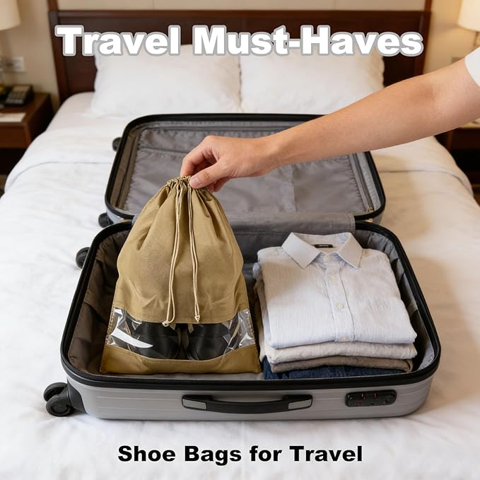 20 Pack Shoe Bags for Travel, 17" x 12.6" Drawstring Shoe Organizers with Clear Window, Breathable Non-Woven Dustproof Pouches for Luggage & Closet (khaki)