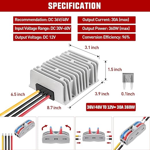 Nilight 48V 36V to 12V Voltage Converter 360W 30A Regulator Step Down to 12VDC Waterproof DC Convert Reducer Power Supply Transformer Module for Golf Cart Scooters