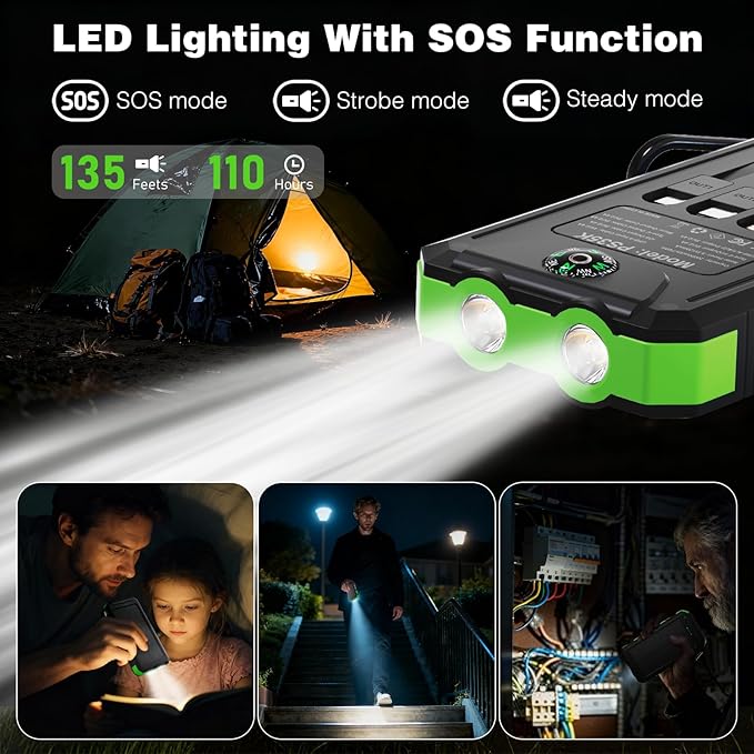 Solar Charger Power Bank 20,000mAh, Portable Charger, 4 Cables 3 Ports Fast Charging External Battery Pack with USB C for Cell Phones, Solar Panel Charger with Dual Flashlight for Camping Green