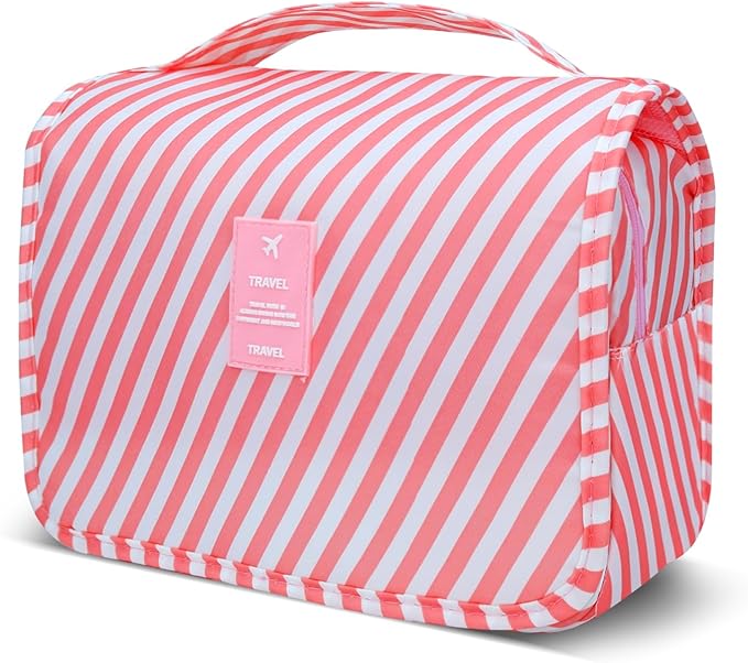 Lcsmaokin Large Capacity Toiletry Bag Travel Bag with Hanging Hook for Men and Women Waterproof Travel Cosmetic Bag Bathroom Storage Bag for Brushes Set, Full-Sized Shampoo,Accessories(Pink Stripe)