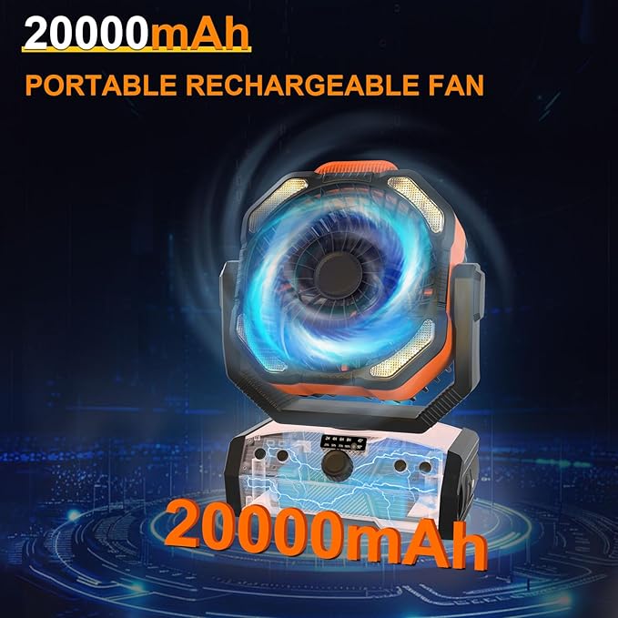 Portable Rechargeable Fan, 3-in-1 Camping Fan with 20000mAh Battery Powered, LED Lights, USB C, Remote Auto Oscillating for Indoor, Tent, Travel, Car, BBQ, Fishing, Camping Essentials