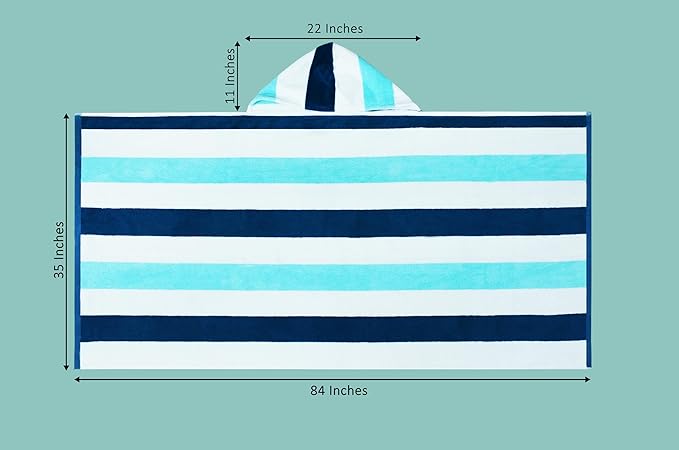 COTTON CRAFT Hooded Beach Towel - Oversized XXL 35x84 Towel with Hood for Adults - The Big Kahuna 7 Foot Beach Blanket Towel - Big & Tall Soft 100% Cotton Velour - Pool Bath Wrap - Cabana Stripe Blue