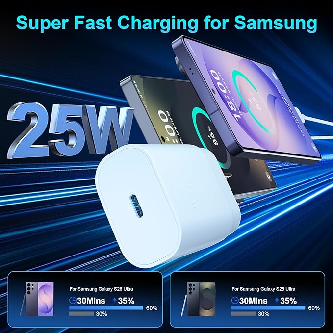 Super Fast Charger Type C, 25W USB C Wall Charger Fast Charging for Samsung Galaxy S26 Ultra/S26/S26+/S25 Ultra/S25/24 Ultra/S24/S23 Ultra/S22 Ultra with 6.6FT Long Android Type C Charger Cable 2Pack