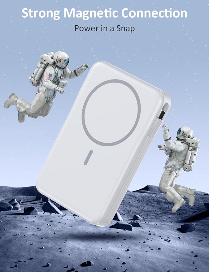 Magnetic Portable Charger, 10000mAh Power Bank, 5 in 1 Portable Charger with Built in Cable, 20W Fast Charging for Magsafe Battery Pack Compatible with iPhone 17/16/15/14/13/12 Pro/Pro Max-White