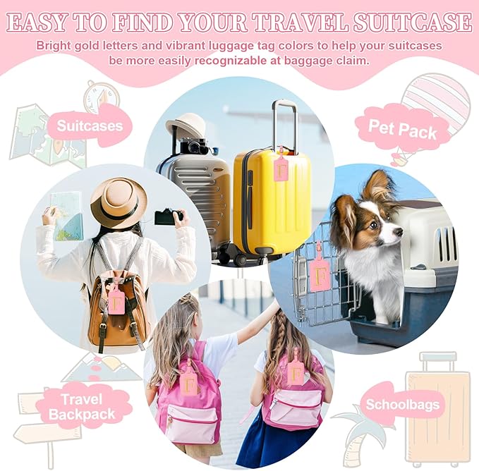 Personalized Initial Luggage Tags for Suitcase, Pink Leather Cute Luggage Tags with Privacy Cover Name Card, Embroidered Custom Monogrammed Luggage Tag Travel Bag Baggage Tags Gifts for Women Kids(F)