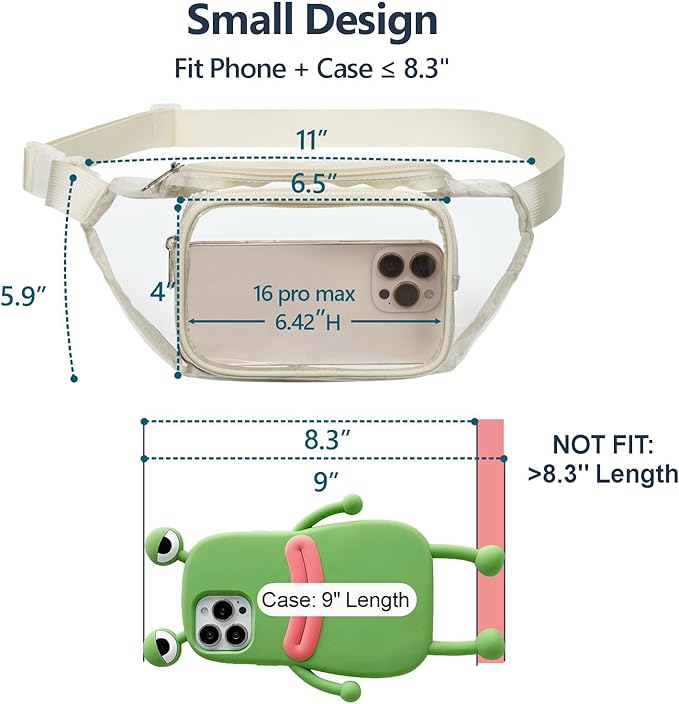 Veckle Clear Fanny Pack Stadium Approved - Adjustable 33-47 Inch Strap, Transparent Belt Bag for Women Men Fits 7.5-inch Smartphone, Waist Bag Clear Bag for Sport Events, Concerts, Cream White