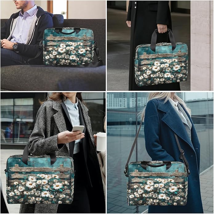Vintage Daisy Wooden Board Laptop Bag 16 Inch, Slim Business Briefcase for Men Women, Shoulder Bag with Handle & Detachable Strap, Work Office Computer Messenger Bag