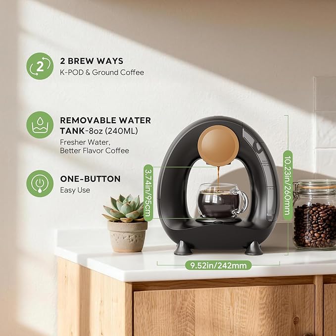Single-Serve Coffee Maker, 2 in 1 One Cup Coffee Machine Compatible with K-Cup Pod & Coffee Grounds/Tea with One Button Operation,Fast Brew in 1 minute,Compact For Home, Office, RV and Dorm (Black)
