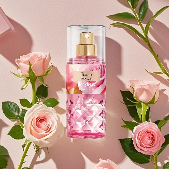 Rose Bath and Body Gift Set for Mom, 4-Piece Set Collection, Shower Gel, Body Lotion, Body Mist, Exfoliating Scrub, Personal Portable Body Care Travel Set, Gift for Mom, Wife, or Grandma