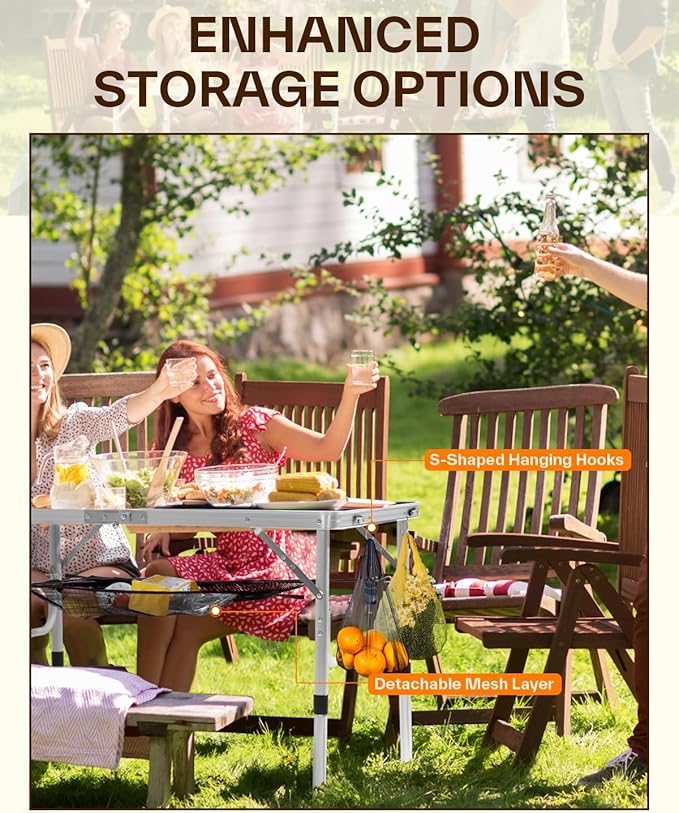 Sportneer Folding Table: Adjustable Height Camping Essentials 35.4" L x 23.6" W 2 Height with Mesh Layer - Compact & Portable Small Folding Table for Outdoor Camp Garden Picnic BBQ Dining Cooking